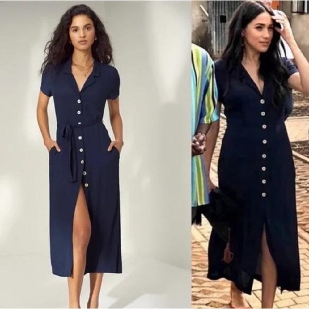 Wilfred Indigo Button-Front Midi Shirt Dress Meghan Markle Navy Blue